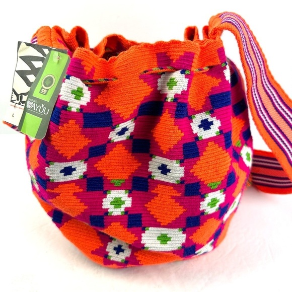 Wayuu Mochila Colombian Handbag Bucket Style Gaza Palete Bright Orange Brand New - Picture 8 of 16